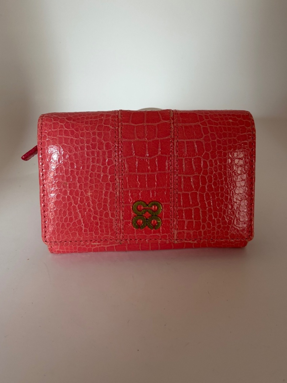 Coach Julie Pink Leather Clutch Wallet with Crocodile-Embossed texture